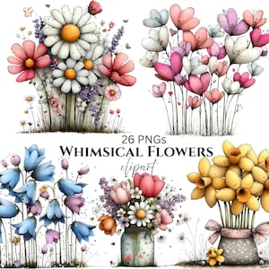 Whimsical Flowers Spring Clipart: Floral Graphics (Digital Download - 26 PNGs)

Bring a touch of magic to your creative projects with this enchanting collection of 26 whimsical flower illustrations! Each flower is lovingly drawn with playful details, soft organic curves, and a charming storybook feel. Perfect for makers, small businesses, and DIY creatives looking to add a unique artistic flair to their work.
