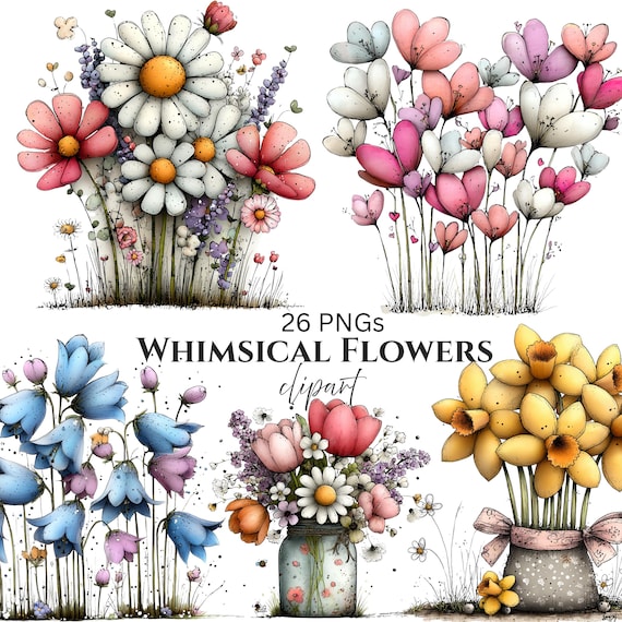Whimsical Flowers Spring Clipart: Floral Graphics (Digital Download - 26 PNGs)