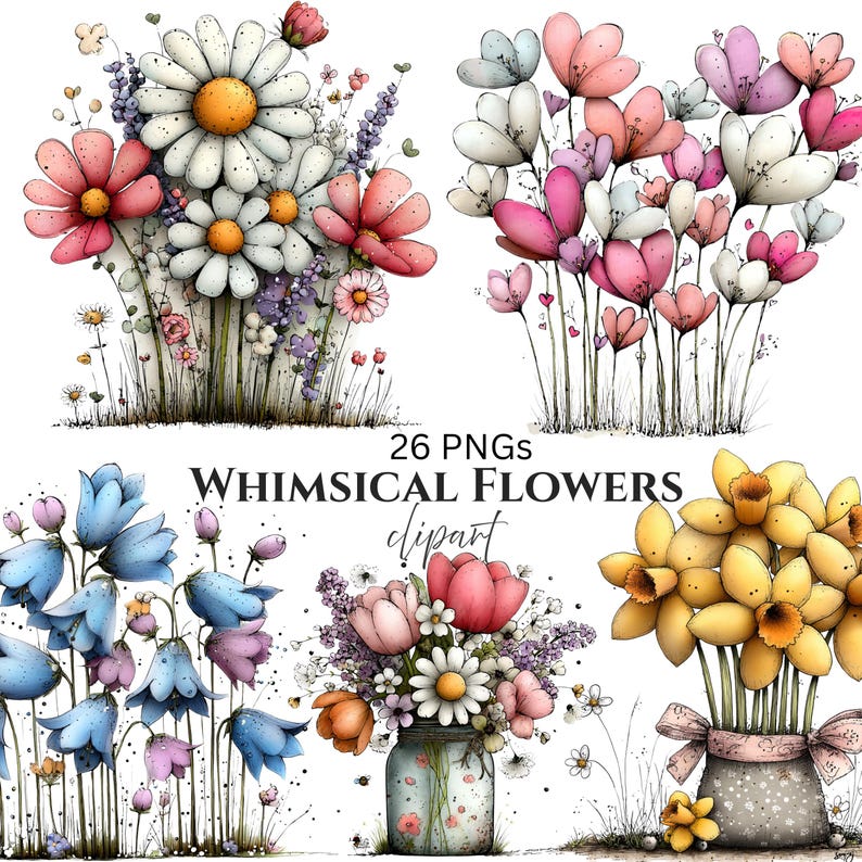 Whimsical Flowers Spring Clipart: Floral Graphics (Digital Download - 26 PNGs)

Bring a touch of magic to your creative projects with this enchanting collection of 26 whimsical flower illustrations! Each flower is lovingly drawn with playful details, soft organic curves, and a charming storybook feel. Perfect for makers, small businesses, and DIY creatives looking to add a unique artistic flair to their work.