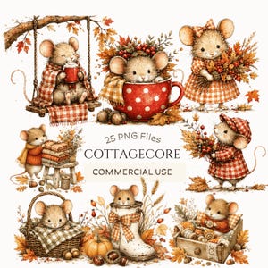 May include: A collection of illustrations featuring mice in autumn settings, including mice in a red polka dot mug, a basket, a boot, and on a swing. The text reads 25 PNG Files COTTAGECORE COMMERCIAL USE. The images feature red and orange leaves.