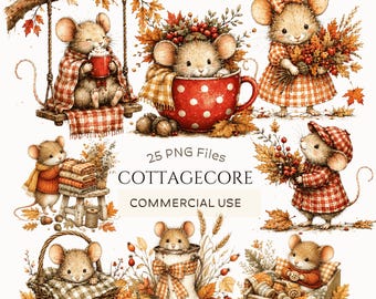 Cottagecore Autumn Mouse Clipart Bundle: Cozy Fall Graphics, Gingham Fall Junk Journal (Digital Download - 25 PNGs)