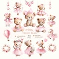 Pink Teddy Bear Clipart: Watercolor Princess Girl Nursery PNGs (Digital Download)