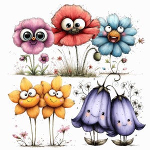 May include: A whimsical illustration of several anthropomorphic flowers with large eyes and smiling faces. The flowers are in various colors, including pink, red, blue, yellow, and purple, set against a white background with small grass and other flowers.
