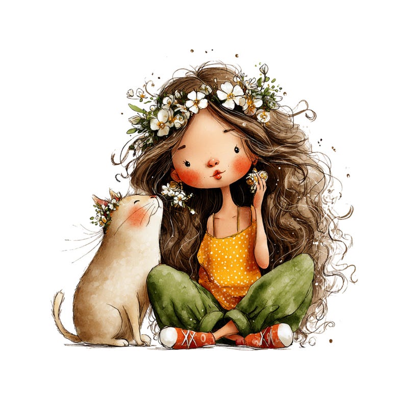 Whimsical Girl and Cat Love Clipart: Nursery Graphics (Digital Download - 24 PNGs)

A charming collection of clipart illustrations featuring a sweet, wide-eyed girl and her cute cat friend. Each illustration is designed with gentle lines, soft shading, and a dreamy, enchanted feel—perfect for children’s décor, invitations, stickers, scrapbooking, and nursery art.