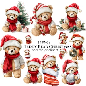 Puede incluir: Clipart de acuarela con varios osos de peluche vestidos para Navidad. Los osos llevan gorros y bufandas rojas de Papá Noel, algunos sosteniendo bastones de caramelo u adornos. También se incluye un árbol de Navidad y un calcetín. El texto dice "19 PNGs Teddy Bear Christmas watercolor clipart."