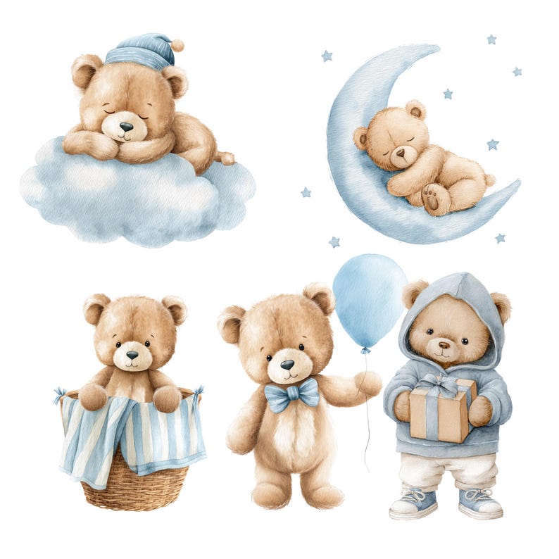 May include: Watercolor illustrations of teddy bears in various poses. One sleeps on a cloud, another on a crescent moon, and others hold a balloon, a gift, and sit in a basket with a blue and white striped blanket. The bears are light brown with blue accents.