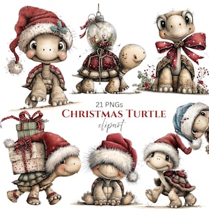 May include: A collection of whimsical Christmas turtle clipart images. Each turtle is depicted with festive holiday attire, including Santa hats, bows, and ornaments. The text "21 PNGs CHRISTMAS TURTLE clipart" is displayed.