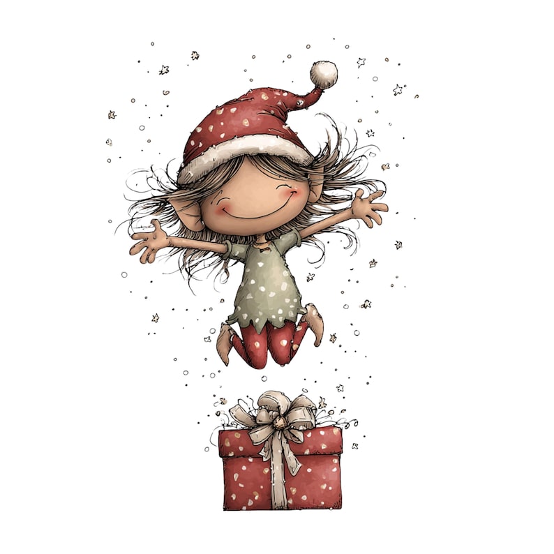 May include: A whimsical illustration of a joyful elf jumping above a red gift box. The elf wears a red hat with white polka dots, a green shirt with white dots, and red pants. The gift box is red with white polka dots and a cream-colored bow.