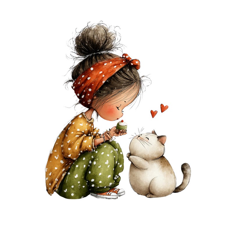 Whimsical Girl and Cat Love Clipart: Nursery Graphics (Digital Download - 24 PNGs)

A charming collection of clipart illustrations featuring a sweet, wide-eyed girl and her cute cat friend. Each illustration is designed with gentle lines, soft shading, and a dreamy, enchanted feel—perfect for children’s décor, invitations, stickers, scrapbooking, and nursery art.