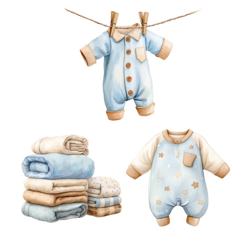 May include: Watercolor illustration of baby clothes and blankets. A light blue onesie hangs from a clothesline. A second onesie with star pattern and a stack of folded blankets in various colors are also shown.