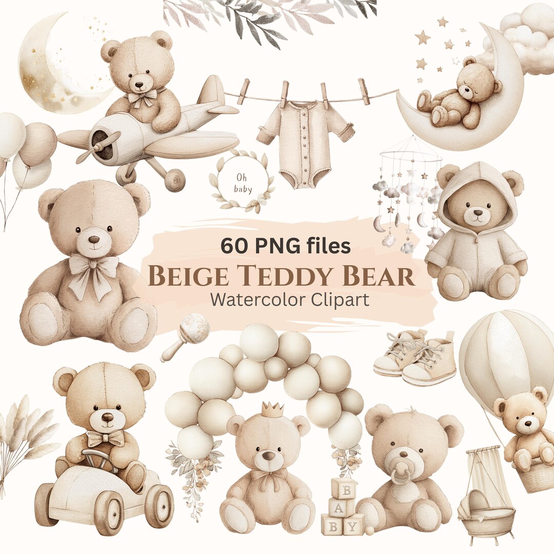 Watercolor Teddy Bear Clipart Bundle: Boho Neutral Nursery PNG Images ...