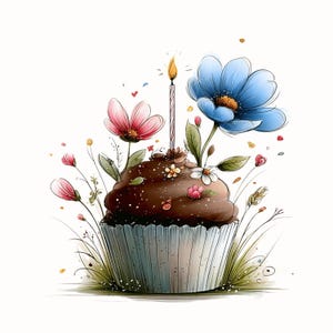 May include: A watercolour illustration of a chocolate cupcake with a lit candle. The cupcake is decorated with pink and blue flowers, small white flowers, and green leaves. The cupcake sits in a silver paper cup, with grass and small flowers around the base.