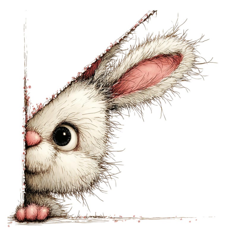 May include: A whimsical illustration of a white rabbit peeking around a corner. The rabbit has large, expressive eyes, a pink nose, and pink-lined ears. The fur is detailed with textured shading, and the overall style is soft and inviting.