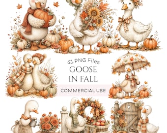 Fall Goose Clipart Bundle: Watercolor Autumn Goose, Thanksgiving Birds, Pumpkin Farmhouse Graphics (Digital Download - 41 PNGs)