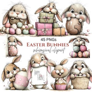 Puede incluir: Colección de imágenes prediseñadas de conejitos de Pascua caprichosos. Los conejitos se representan con huevos, regalos y cupcakes de colores pastel. El texto "EASTER BUNNIES whimsical clipart" se muestra en la imagen. El clipart incluye 45 PNG.