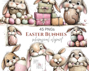 Whimsical Bunny Easter Clipart:  Festive Graphics (Digital Download - 44 PNGs)