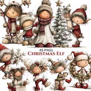Puede incluir: Una colección de ilustraciones caprichosas de elfos navideños. Los elfos se representan en varias poses, vistiendo atuendos festivos con sombreros, bufandas y sosteniendo objetos temáticos navideños. El texto "45 PNGs CHRISTMAS ELF" se muestra en rojo.
