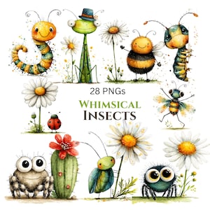 May include: A collection of watercolour illustrations featuring whimsical insects such as a caterpillar, bee, and spider, alongside daisies and other plants. The image includes the text "28 PNGs Whimsical Insects".
