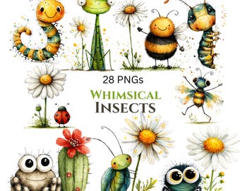 Puede incluir: Ilustraciones en acuarela de insectos caprichosos, incluyendo una oruga, una abeja y una araña, con margaritas y otras plantas. La imagen incluye el texto "28 PNGs Whimsical Insects".