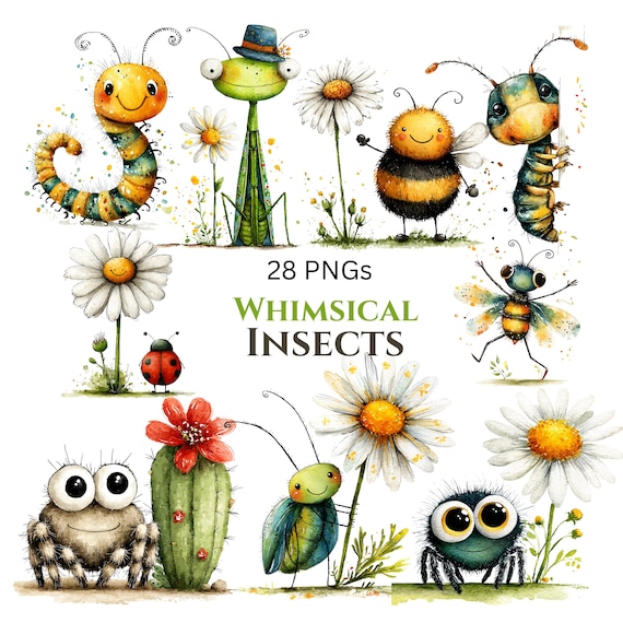 Whimsical Insects Clipart: Bugs Spring Graphics (Digital Download - 28 PNGs)