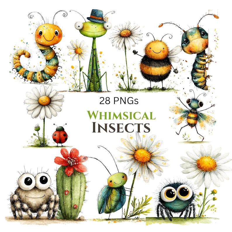 Whimsical Insects Clipart: Bugs Spring Graphics (Digital Download - 28 PNGs)

A charming collection of whimsical insects illustrations designed to add magic, lightness, and playful elegance to your creative projects. Each insect features delicate wings, soft pastel colors, gentle textures, and dreamy details that capture the enchanting spirit of nature. Created on transparent backgrounds, these illustrations are perfect for crafting invitations, stickers, nursery décor, scrapbooking, stationery