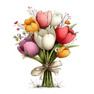 Spring Tulip Flowers Clipart: Whimsical Floral Graphics (Digital Download - 24 PNGs)

A whimsical tulip flowers clipart illustration bursting with playful elegance and fairy-tale charm. The tulips stand tall with gently swaying stems, their rounded petals curling and overlapping in exaggerated, storybook shapes