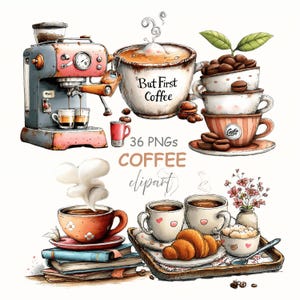 Puede incluir: Ilustración en acuarela con elementos relacionados con el café. Incluye una máquina de espresso vintage, tazas de café humeantes, granos de café y una bandeja con cruasanes. El texto "But First Coffee" es visible.
