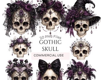 Gothic Skull Clipart Bundle: Purple Floral Skull PNGs, Witch Hat Halloween Graphics, Victorian Gothic Art (Digital Download - 20 PNGs)
