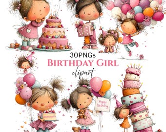 Birthday Girl Quirky Clipart: Whimsical Kids Graphics (Digital Download - 30 PNGs)