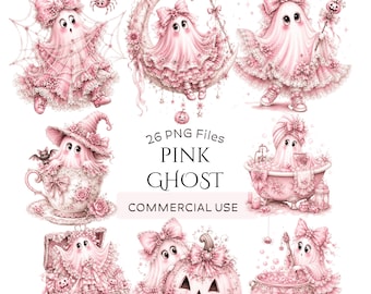 Pink Ghost Halloween Clipart: Spooky Halloween Bundle (Digital Download - 26 PNGs)