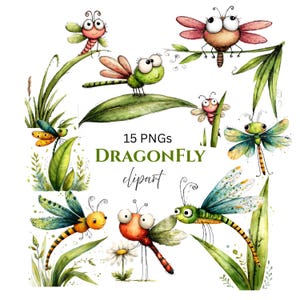 Puede incluir: Una colección de imágenes prediseñadas de libélulas caprichosas en varios colores, incluyendo verde, naranja, amarillo y azul. La imagen presenta varias libélulas de dibujos animados con ojos grandes y alas detalladas, junto con el texto "15 PNGs DRAGONFLY clipart."