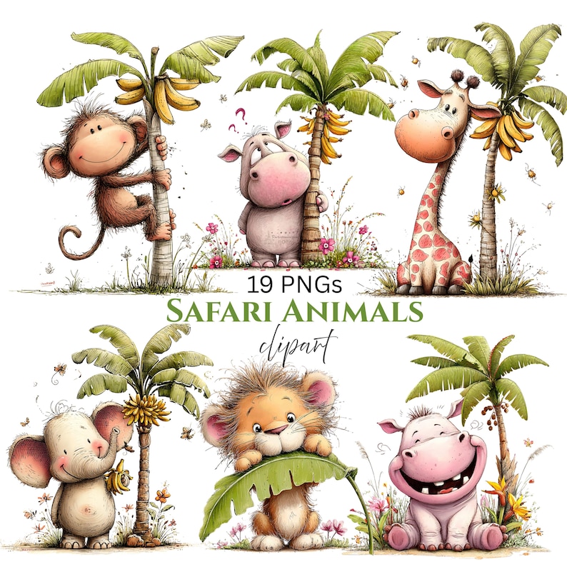 Safari Animals Clipart: Nursery Graphics (Digital Download - 19 PNGs)

A delightful collection of safari animal illustrations featuring adorable, friendly creatures from the wild. This clipart set includes charming depictions of lions, elephants, giraffes, zebras, hippos, monkeys, and more—each designed with soft details, warm colors, and a playful, inviting style. Accented with simple greenery and natural elements, the artwork captures the whimsical spirit of safari life.