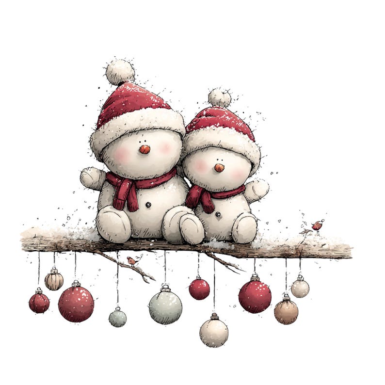 May include: A whimsical illustration features two snowmen wearing red hats and scarves, perched on a snow-covered branch. Below, various Christmas ornaments in red, white, and gold hang from the branch, creating a festive holiday scene.