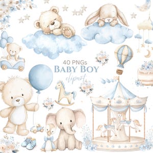 May include: A collection of watercolour illustrations with a baby boy theme. Includes a sleeping teddy bear, a bunny, a carousel, an elephant, and a hot air balloon in soft blue and beige tones. Text reads "40 PNGs BABY BOY clipart."