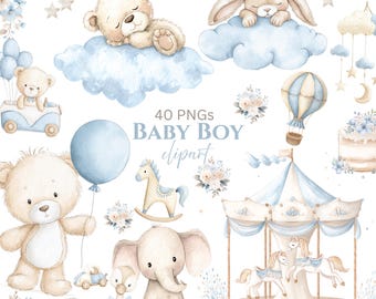 Baby Shower Boy Blue Clipart Set: Watercolor Nursery Graphics PNG (Digital Download - 40 PNGs)