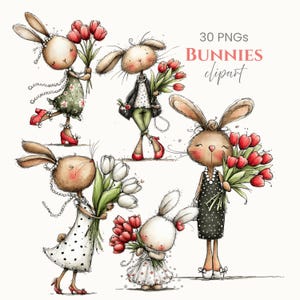Puede incluir: Ilustración en acuarela de seis conejos antropomórficos sosteniendo ramos de flores. Los conejos visten varios atuendos, incluyendo vestidos y chaquetas, y llevan collares de perlas. También se ve el texto "30 PNGs BUNNIES clipart".