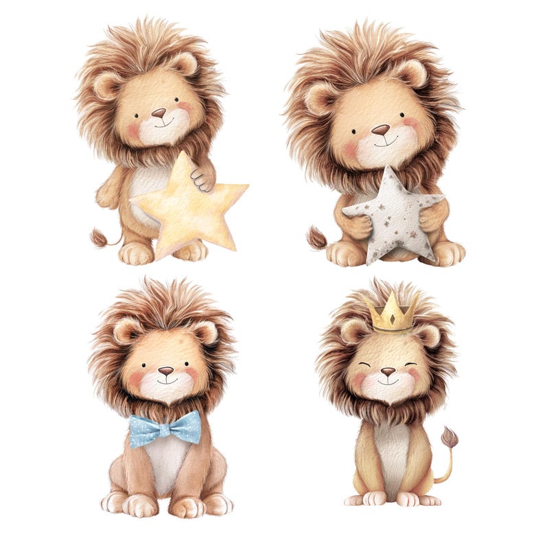 Watercolor Lion Animal Clipart: Cute Nursery Graphics (Digital Download - 20 PNGs)

Float into sweetness with this adorable set of 20 Lions Clipart illustrations! Each design features a watercolor baby lion.

These cute lions PNG files are ideal for creating baby shower invitations, nursery prints, scrapbooking pages, birth announcements, or even cute apparel designs. With transparent backgrounds