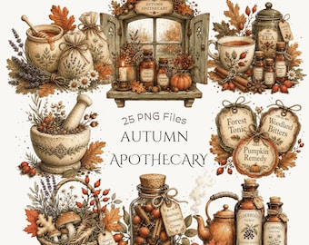 Autumn Herbal Apothecary Clipart Bundle: Vintage Remedy Bottles, Herbal Tea, Mortar & Pestle, Cottagecore Fall Graphics - 25 PNGs