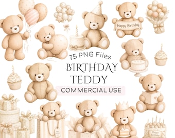 Neutral Birthday Teddy Bear Clipart Bundle: Watercolor Beige Party Graphics (Digital Download -  75 PNGs)