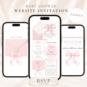 May include: Three smartphones displaying a baby shower website invitation template with a pink bow theme. The screens show an envelope with a wax seal, event details, a diaper raffle, a baby registry, and a countdown timer with the text RSVP trackable.