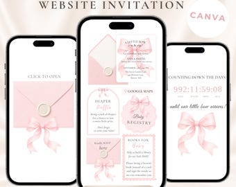 Pink Bow Baby Shower Website Invitation: Canva Template, Coquette Digital Invite Mobile, Interactive Baby Girl Shower Template