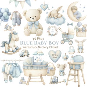 Puede incluir: Conjunto de imágenes prediseñadas de acuarela con ilustraciones temáticas de bebés en tonos azul y beige suaves. Incluye un oso de peluche, un caballito balancín, un cochecito y el texto "BLUE BABY BOY". Ideal para decoración de guardería.