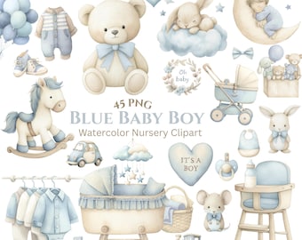 Clipart de bebé azul para guardería: Lindos gráficos para baby shower (Descarga digital PNG - 45 PNG)