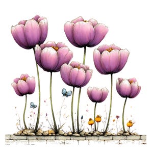 Spring Tulip Flowers Clipart: Whimsical Floral Graphics (Digital Download - 24 PNGs)

A whimsical tulip flowers clipart illustration bursting with playful elegance and fairy-tale charm. The tulips stand tall with gently swaying stems, their rounded petals curling and overlapping in exaggerated, storybook shapes