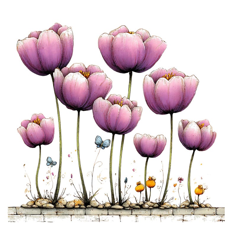 Spring Tulip Flowers Clipart: Whimsical Floral Graphics (Digital Download - 24 PNGs)

A whimsical tulip flowers clipart illustration bursting with playful elegance and fairy-tale charm. The tulips stand tall with gently swaying stems, their rounded petals curling and overlapping in exaggerated, storybook shapes