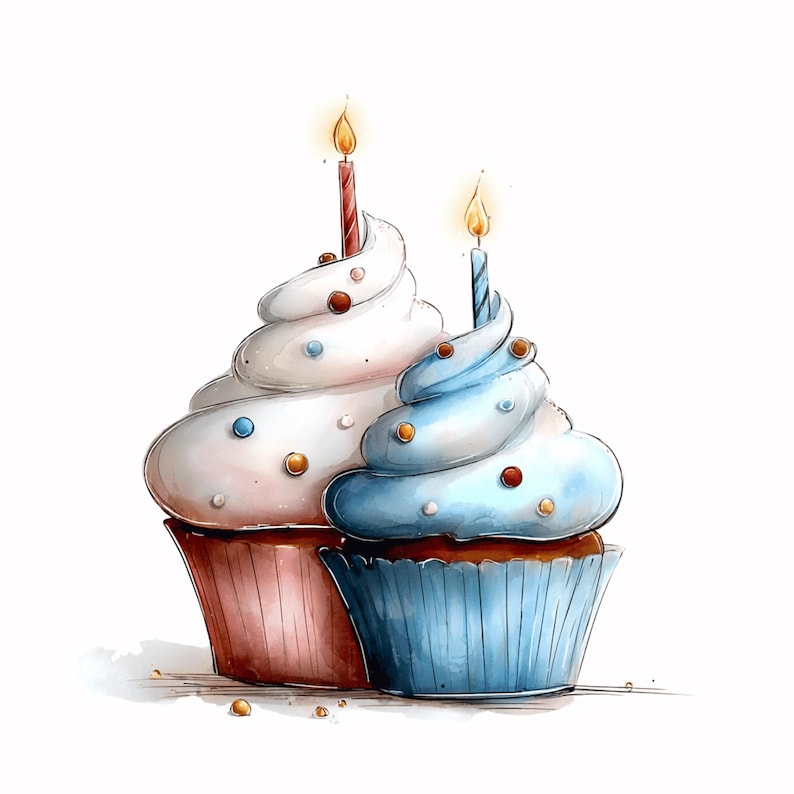 May include: Two watercolour cupcakes with white and blue icing, each topped with a lit candle. The cupcakes have colourful sprinkles and are in red and blue paper cases. A festive illustration for birthdays.