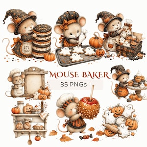 Op de afbeelding: Een verzameling digitale illustraties van muizen verkleed als bakkers met Halloween-thema's, waaronder pompoenen, spookvormige koekjes, karamelappels en keukenplanken. De tekst MOUSE BAKER 35 PNGs staat in het midden van de afbeelding.