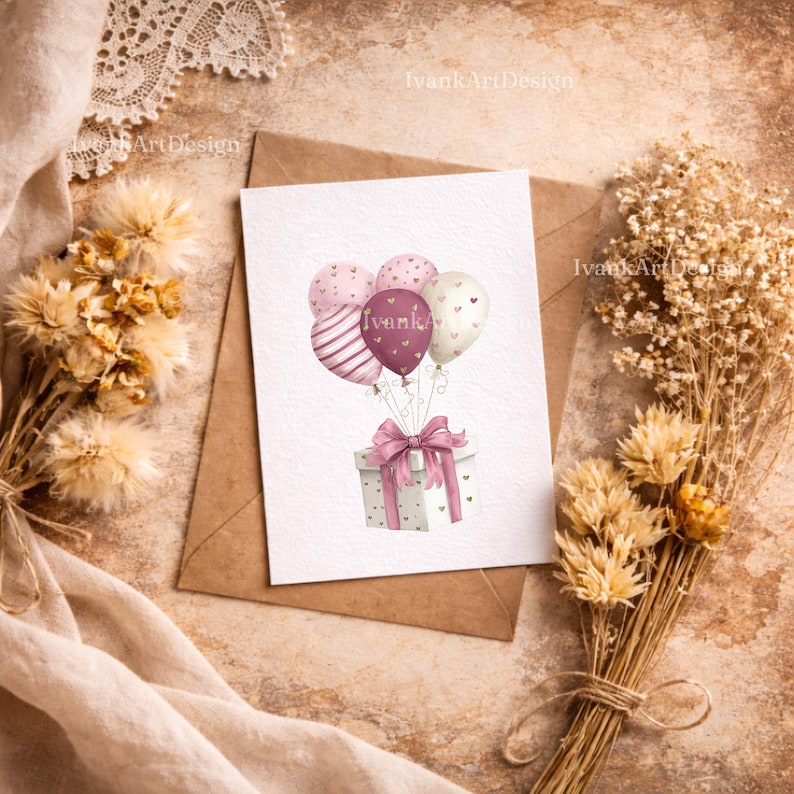 May include: A greeting card featuring a watercolor illustration of balloons and a gift box. The balloons are pink and purple with heart and stripe patterns. The gift box is white with pink hearts and a pink bow. The card has the text "Ivanka Art Design".