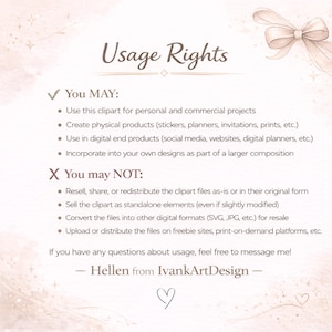 May include: A digital art usage rights document with the title "Usage Rights". The document lists permitted and prohibited uses of the clipart. The text includes "You MAY" and "You may NOT" sections. The document is signed by Hellen from IvankArtDesign.