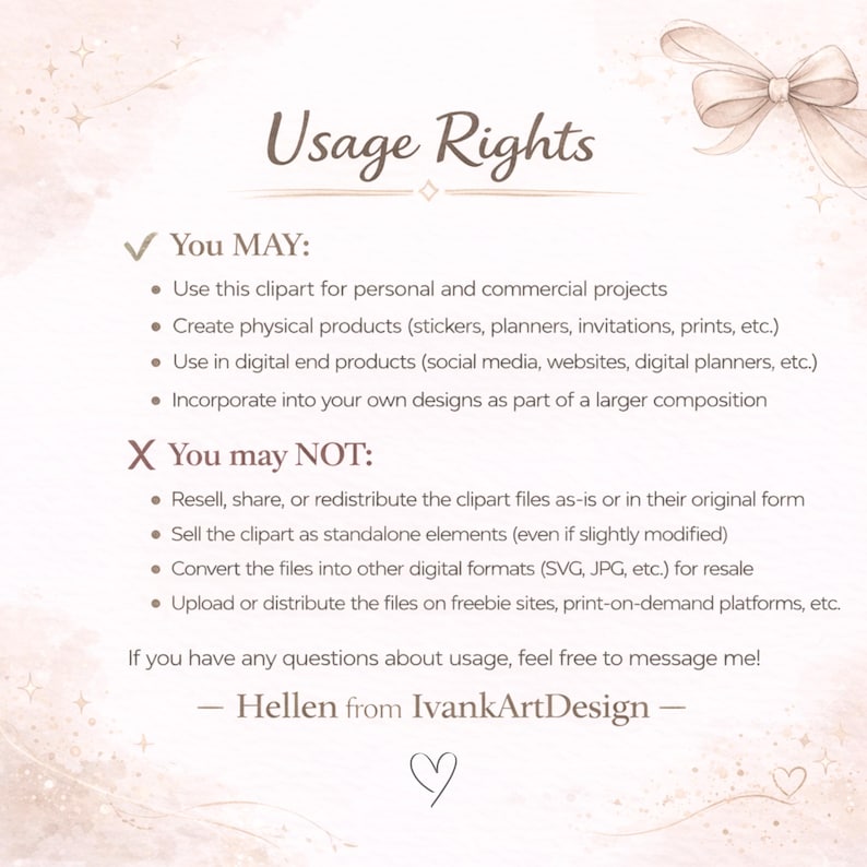 May include: A digital art usage rights document with the title "Usage Rights". The document lists permitted and prohibited uses of the clipart. The text includes "You MAY" and "You may NOT" sections. The document is signed by Hellen from IvankArtDesign.